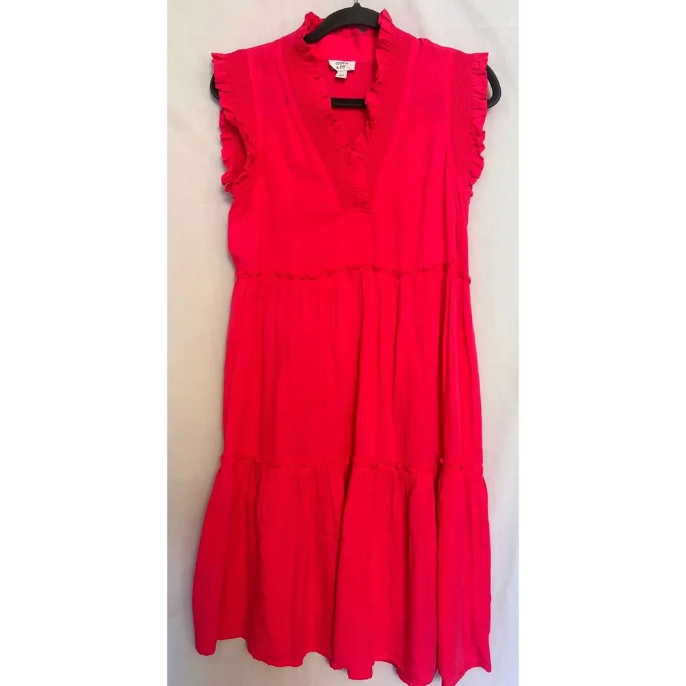 Crown & Ivy XSm Cottagecore Hot‎ Pink Tencel Tiered Ruffle Smocked Midi Dress